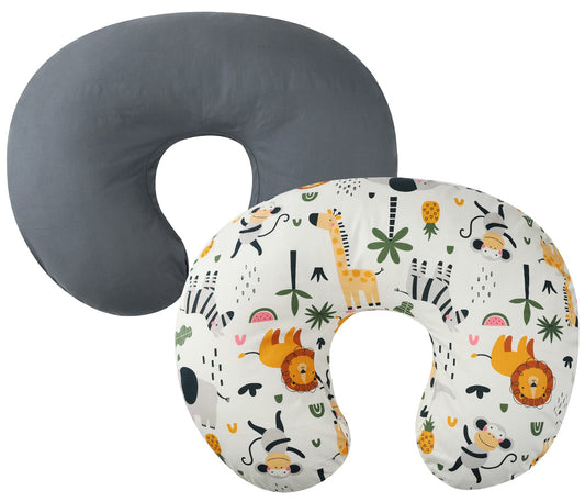 Tontukatu Nursing Pillow Cover 2 Pack Compatible with Boppy Pillow 100% Cotton Super Soft for Breastfeeding Moms Fit Infant Nursing Pillows & Positioners for Baby Boy Girl Grey Elephant Lion